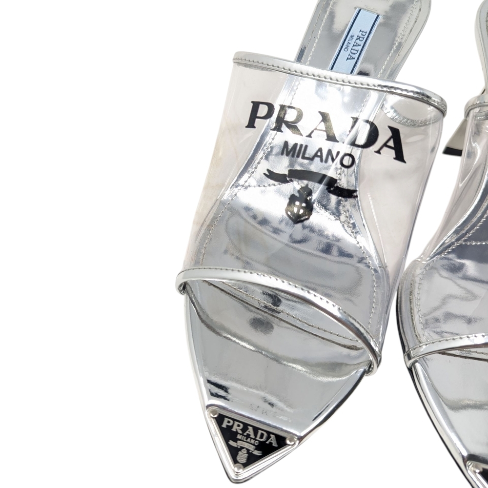 Prada PVC Pointed Plexiglass Metallic Triangle Logo Clear Sandal Mule Slides 38 - Picture 7 of 12